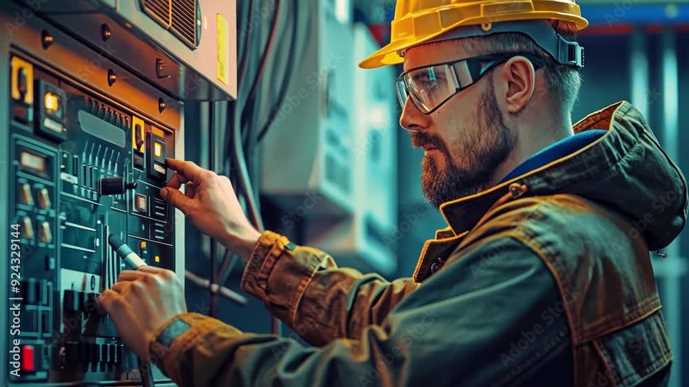 An electrician is checking the electricity metre and other devices. An electrician is checking the electricity metre and other devices.