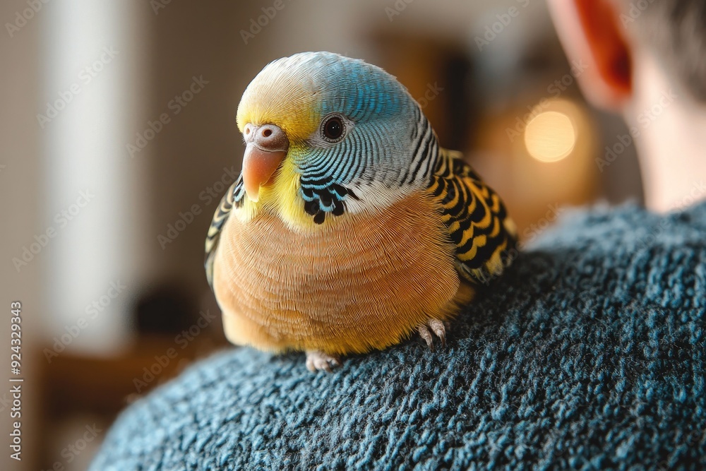 Close-up of Colorful Parrot Perched on Shoulder in Cozy Indoor Setting Close-up of Colorful Parrot Perched on Shoulder in Cozy Indoor Setting