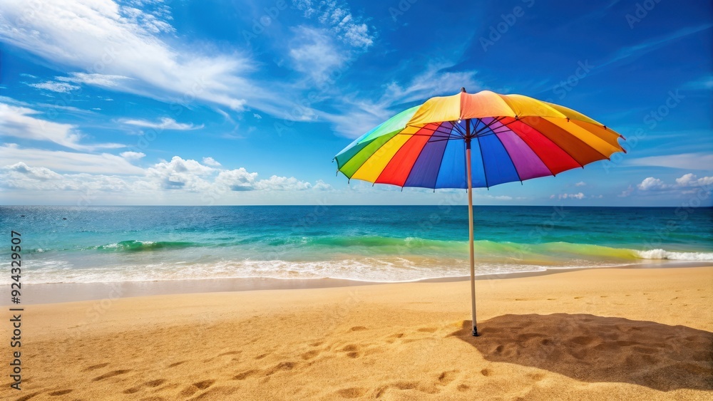 Beautiful summer beach background with a colorful parasol and sandy beach, beach, summer, sunny, ocean, seascape Beautiful summer beach background with a colorful parasol and sandy beach, beach, summer, sunny, ocean, seascape