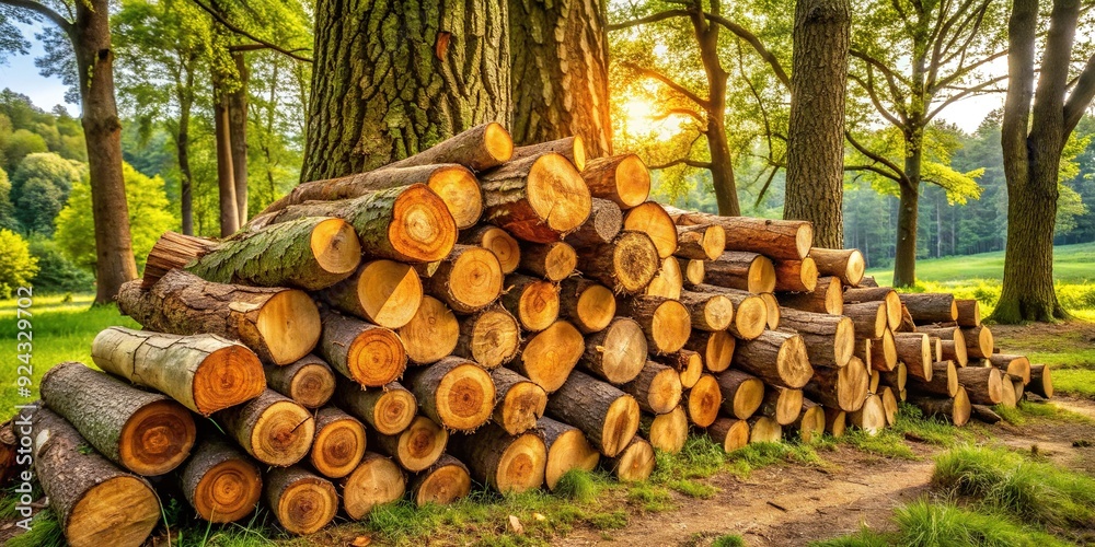 Rustic wooden logs stacked in a neat pile beside a sturdy tree trunk, evoking a sense of natural serenity and woodland harmony. Rustic wooden logs stacked in a neat pile beside a sturdy tree trunk, evoking a sense of natural serenity and woodland harmony.