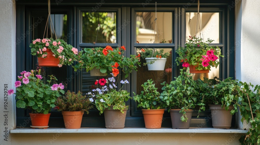 Windowsill with Blooming Flower Pots and Plants