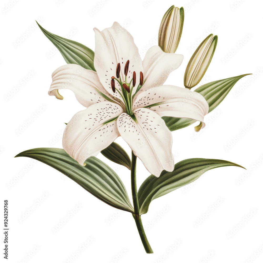 Fototapeta premium PNG White lily in bloom with green leaves and budding flowers