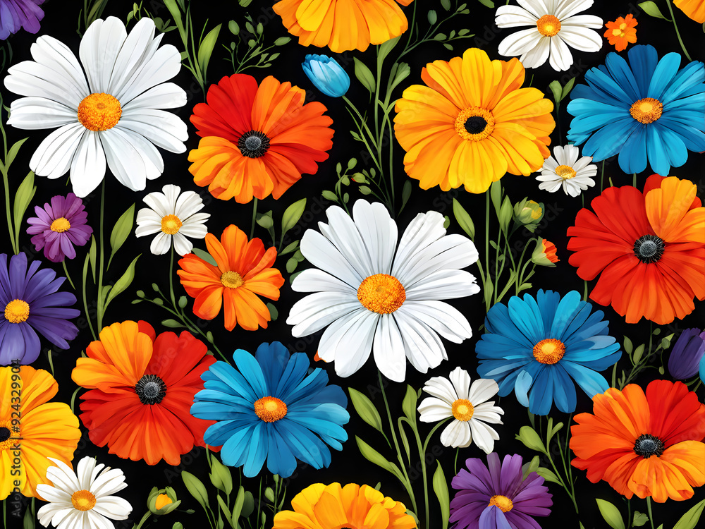 seamless pattern with flowers, argyle daisy poppy marigolds pattern overlay in bright jewel tones black white cartoon drawing seamless pattern with flowers, argyle daisy poppy marigolds pattern overlay in bright jewel tones black white cartoon drawing