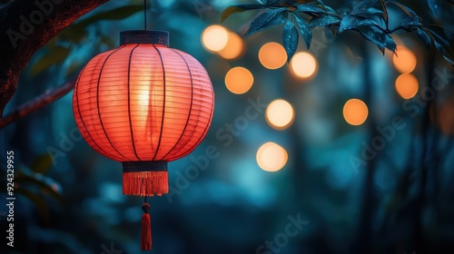 A delicate red lantern with festive lights in the background at the Mid-Autumn Festival 