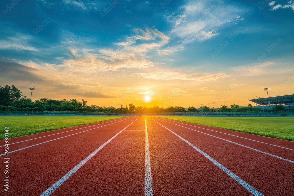 Empty nobody running track with sunset sky, sport background with generative ai Empty nobody running track with sunset sky, sport background with generative ai