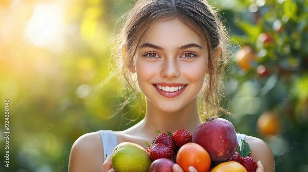 Smiling Woman Holding Fresh Fruits in Sunlit Orchard Smiling Woman Holding Fresh Fruits in Sunlit Orchard