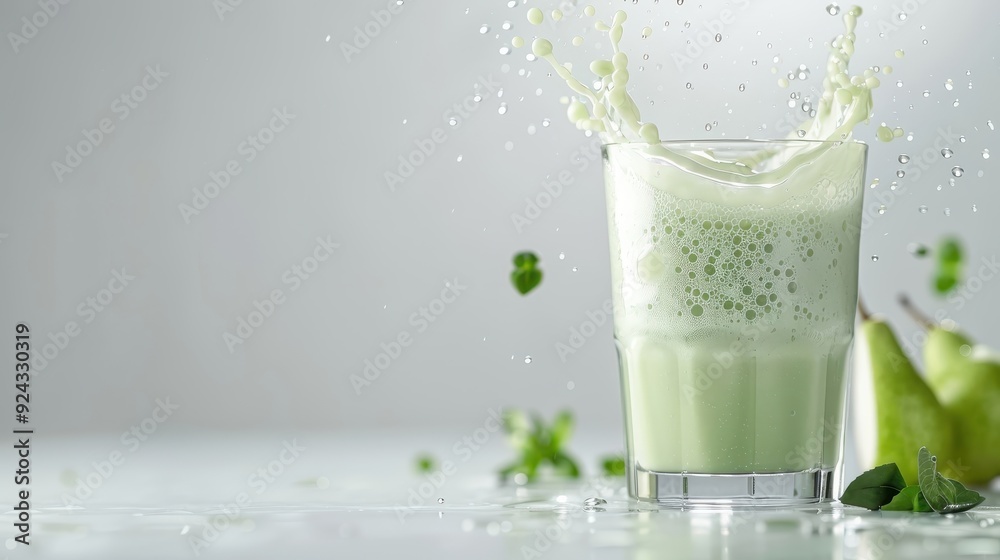 Pear juice splashing in mid-air, highlighting its light green color against a clean white backdrop. Pear juice splashing in mid-air, highlighting its light green color against a clean white backdrop.