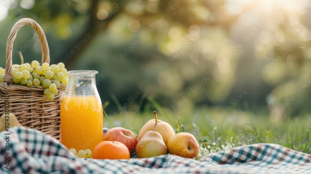 A vibrant picnic scene with a jug of pear juice, colorful fruits, and a plaid blanket, perfect for a sunny day outdoors. A vibrant picnic scene with a jug of pear juice, colorful fruits, and a plaid blanket, perfect for a sunny day outdoors.