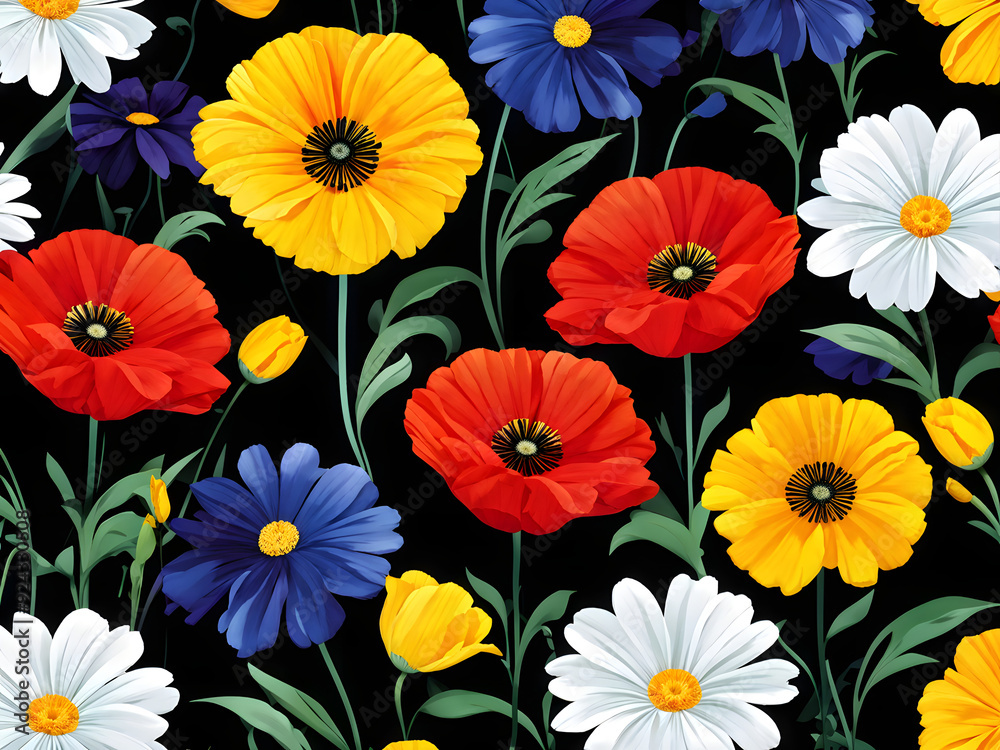 seamless pattern with flowers, argyle daisy poppy marigolds pattern overlay in bright jewel tones black white cartoon drawing	