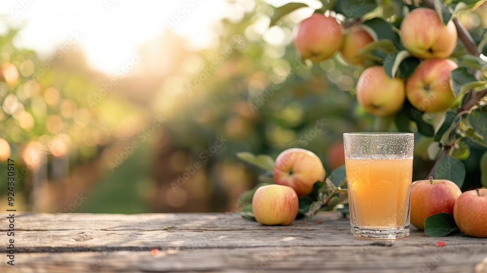 Apple juice in a crystal-clear glass, wooden table, apple orchard in fall, harvest season. Apple juice in a crystal-clear glass, wooden table, apple orchard in fall, harvest season.