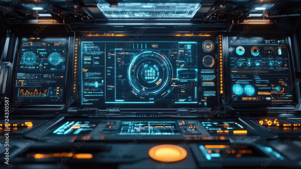Futuristic Control Room Interface with Holographic Displays and Advanced Technology Futuristic Control Room Interface with Holographic Displays and Advanced Technology
