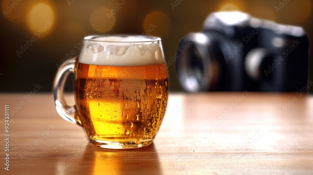 A Frosty Beer Mug on a Wooden Table A Frosty Beer Mug on a Wooden Table