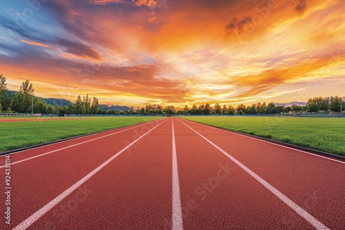 Empty nobody running track with sunset sky, sport background with generative ai