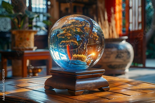 A clear glass ball resting on a wooden table.