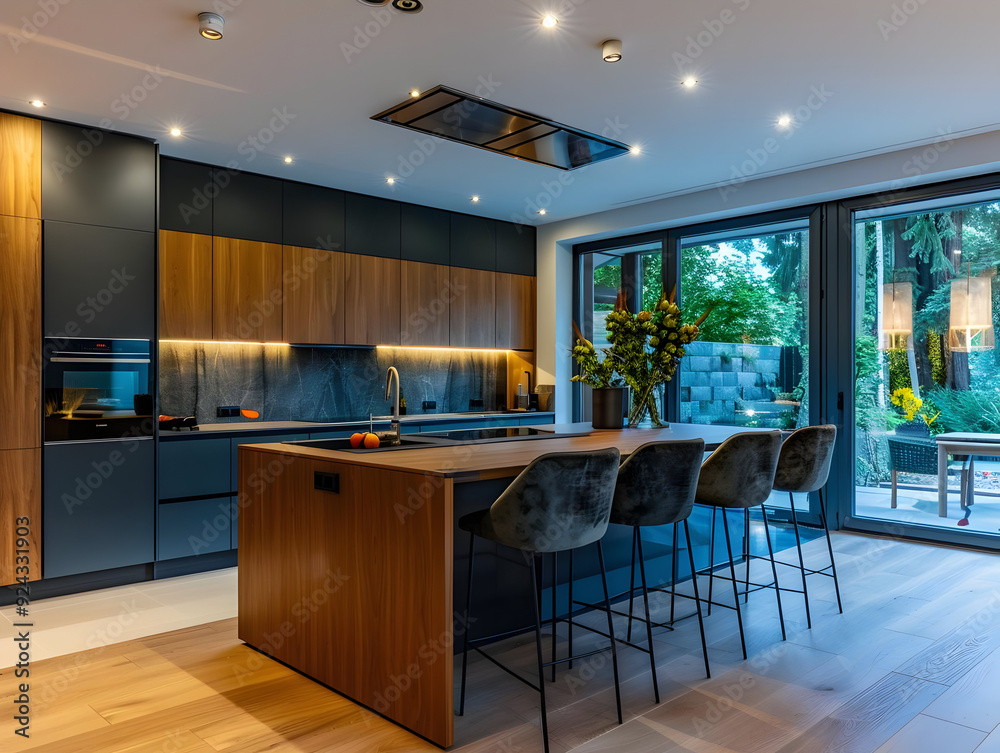 Modern Kitchen Interior Design with Wooden Island and Black Cabinets - Photo Modern Kitchen Interior Design with Wooden Island and Black Cabinets - Photo