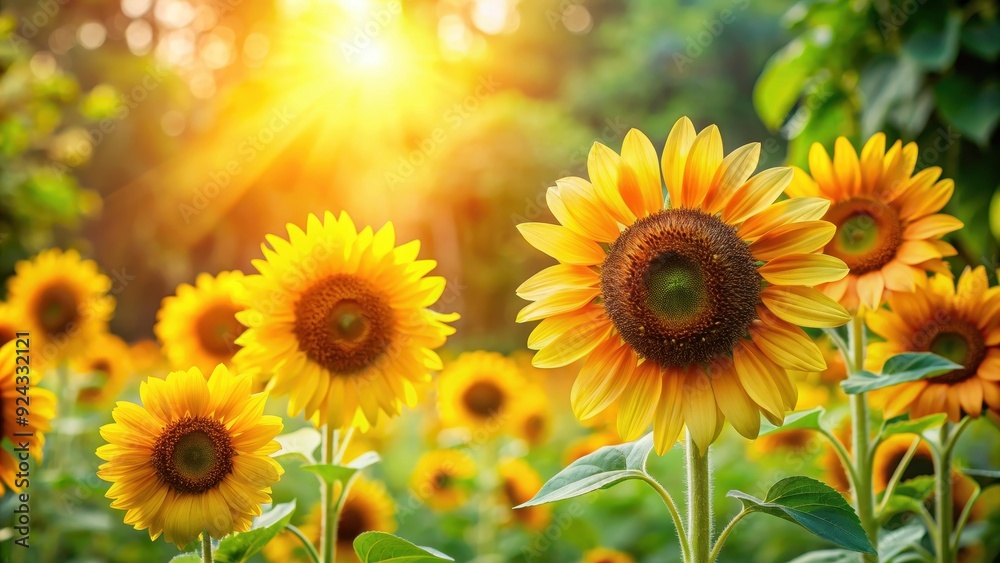 Fototapeta premium Gorgeous sunflowers blooming in a vibrant garden, sunflowers, garden, bright, yellow, sunny, nature, flora, petals, blossoms