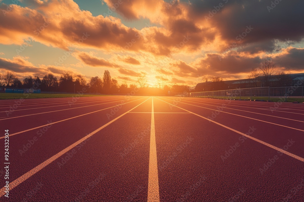 Empty nobody running track with sunset sky, sport background with generative ai Empty nobody running track with sunset sky, sport background with generative ai