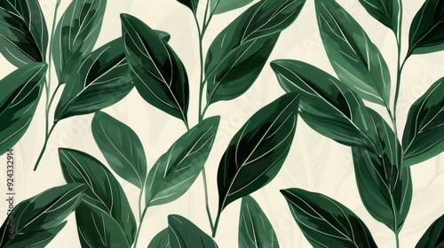 A sophisticated pattern featuring elongated and pointed leaf shapes in a deep emerald green on a soft cream background perfect for a modern and elegant aesthetic
