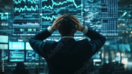 Professional businessman with his hands on his head at stock market charts on digital screen,  Red graph, Financial crisis concept with stock broker saddened by negative ticker information.