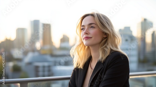 A young businesswoman with blonde hair relaxes on a balcony, gazing thoughtfully at the sunset over a vibrant city.