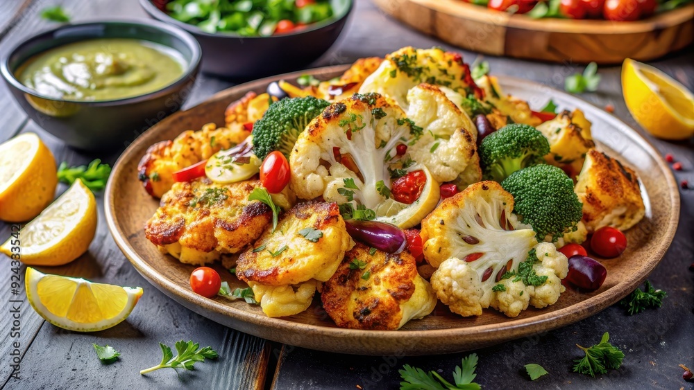 Crispy roasted cauliflower slices with zesty herb-lemon dressing and roasted vegetables , Roasted, Cauliflower, Slices, Zesty Crispy roasted cauliflower slices with zesty herb-lemon dressing and roasted vegetables , Roasted, Cauliflower, Slices, Zesty