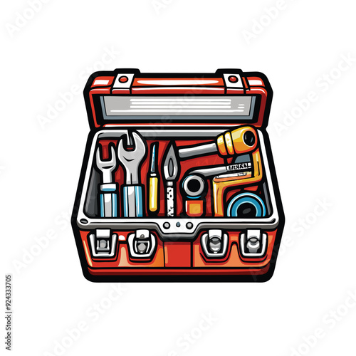 A colorful vector illustration of a mechanic's toolbox open, revealing a variety of tools.