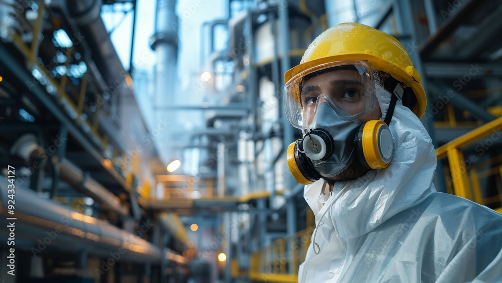 A determined worker stands in a vast industrial environment, portraying dedication and safety amidst machinery and pipes, showcasing the spirit of modern industry and resilience. A determined worker stands in a vast industrial environment, portraying dedication and safety amidst machinery and pipes, showcasing the spirit of modern industry and resilience.