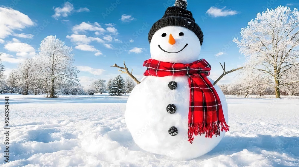 Obraz premium Classic Snowman with a Carrot Nose, Top Hat, and Scarf, Surrounded by Snowy Winter Scenery