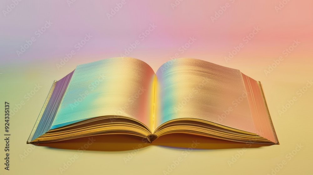 An open gold rainbow hardcover book with blank pages, its multicolored sheen exuding luxury and refinement, perfect for creating high-class and elegant visual themes. An open gold rainbow hardcover book with blank pages, its multicolored sheen exuding luxury and refinement, perfect for creating high-class and elegant visual themes.