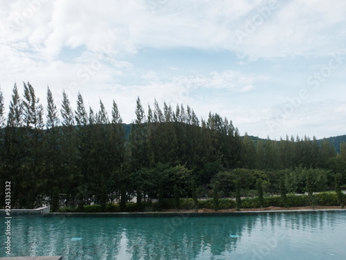 Landscape view of Kao Yai surrounding by Pine forest and swimming pool as a foreground, Pak Chong district, Nakorn Ratchasima, Thailand.
