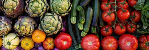 Vibrant display of fresh fruits and vegetables showcasing artichokes, zucchini, and tomatoes at a bustling market stall. photo