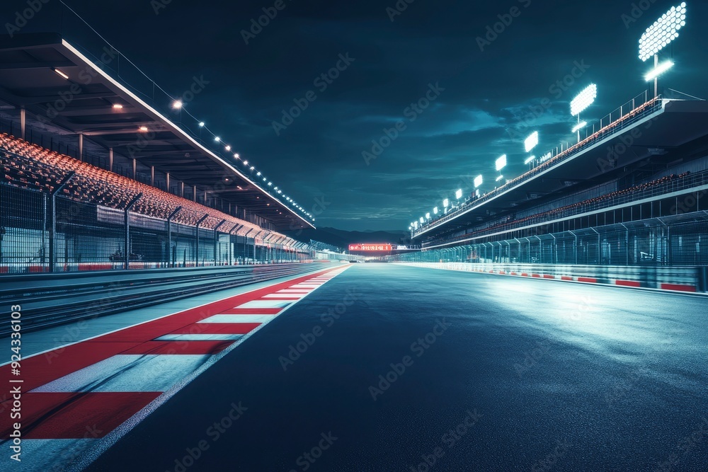 Fast ride on racing track and empty grandstands around asphalt road at night. Professional digital 3d illustration of racing sports with generative ai Fast ride on racing track and empty grandstands around asphalt road at night. Professional digital 3d illustration of racing sports with generative ai