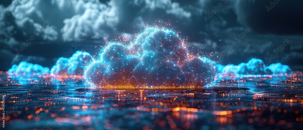 Fototapeta premium A 3D illustration of a cloud with data symbols, representing cloud storage and computing services.