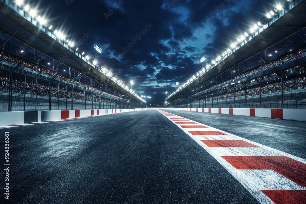 Fast ride on racing track and empty grandstands around asphalt road at night. Professional digital 3d illustration of racing sports with generative ai Fast ride on racing track and empty grandstands around asphalt road at night. Professional digital 3d illustration of racing sports with generative ai