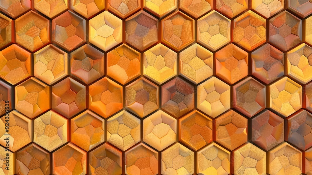 A seamless pattern of interlocking hexagons reminiscent of the intricate cells of a honeycomb. Shades of amber and gold give a warm and inviting feel to this design A seamless pattern of interlocking hexagons reminiscent of the intricate cells of a honeycomb. Shades of amber and gold give a warm and inviting feel to this design