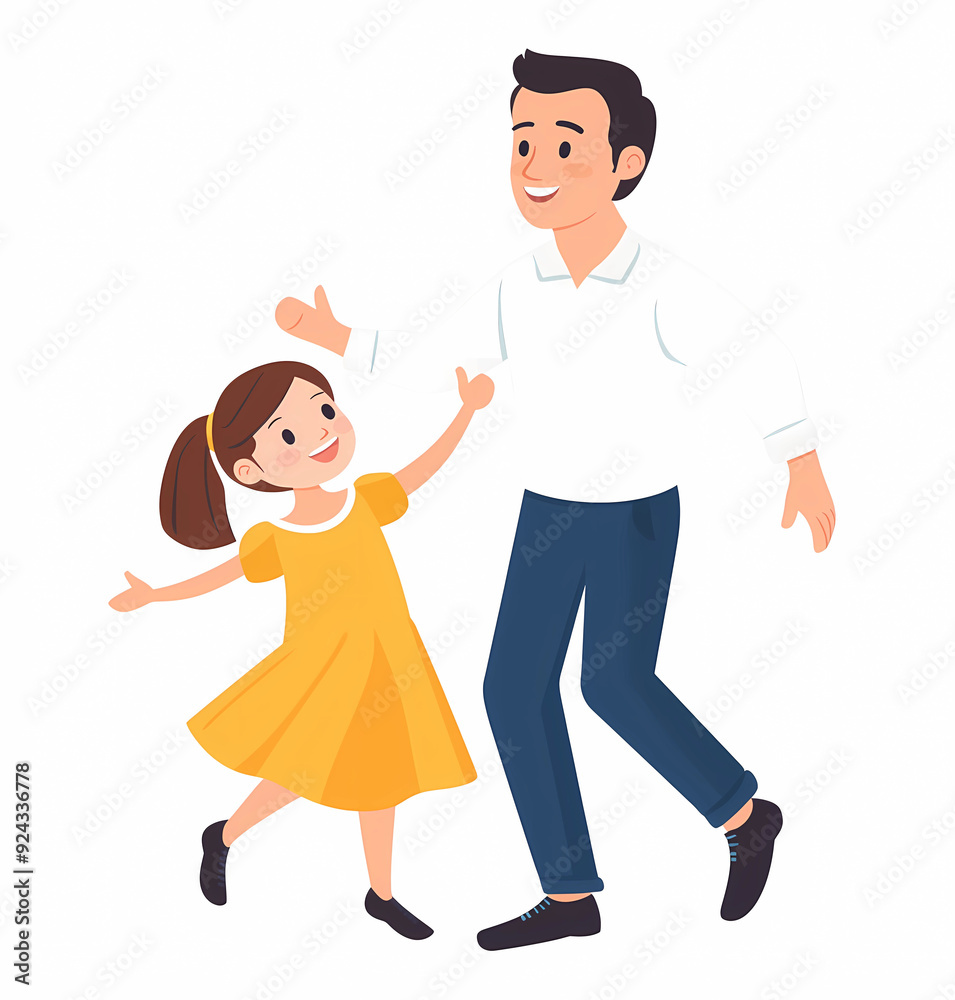 A flat vector illustration depicting a father and daughter dancing, set against a white background. A flat vector illustration depicting a father and daughter dancing, set against a white background.