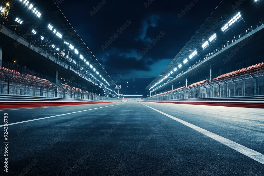 Fast ride on racing track and empty grandstands around asphalt road at night. Professional digital 3d illustration of racing sports with generative ai Fast ride on racing track and empty grandstands around asphalt road at night. Professional digital 3d illustration of racing sports with generative ai