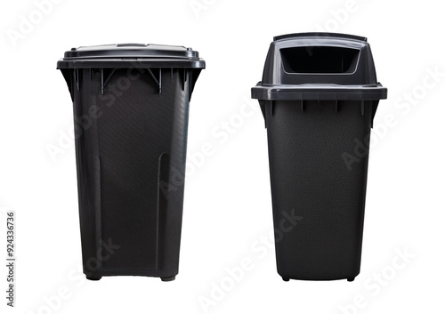 Collection black street garbage bin isolated on a transparent or white background