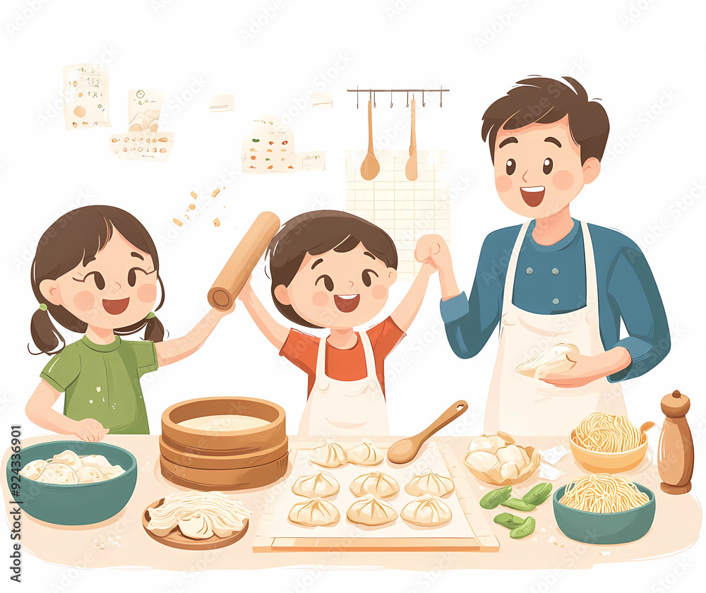 Cartoon-style image of a Chinese family making dumplings together Cartoon-style image of a Chinese family making dumplings together
