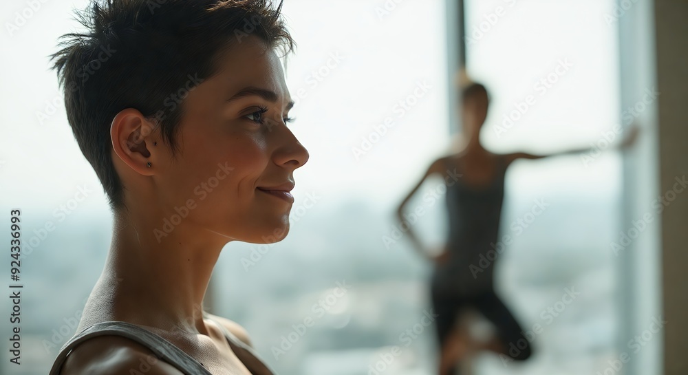 Dancer's silent dialogue: Grace captured in stillness. Side profile of dancer, with silhouette of another dancer visible in background. Dancer's silent dialogue: Grace captured in stillness. Side profile of dancer, with silhouette of another dancer visible in background.