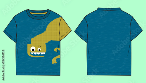 Boys basic short sleeve teal slub single jersey fabric round neck dinosaur graphic t-shirt flat sketch outline vector fashion illustration template. 