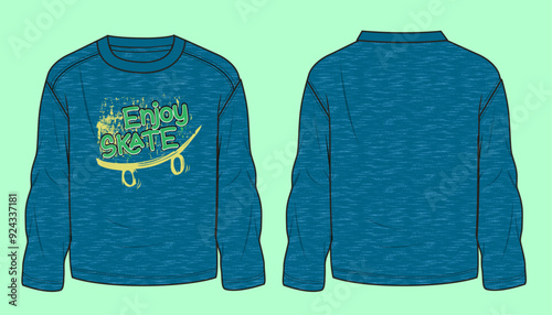 Boys basic long sleeve teal slub single jersey fabric round neck skate summer graphic t-shirt flat sketch outline vector fashion illustration template.