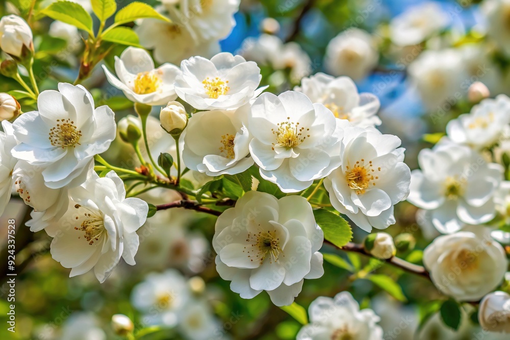Delicate white blooms of a Rosaceae Juss. tree variety abundantly cover its branches, creating a stunning spring spectacle with a mesmerizing display of tiny flowers. Delicate white blooms of a Rosaceae Juss. tree variety abundantly cover its branches, creating a stunning spring spectacle with a mesmerizing display of tiny flowers.