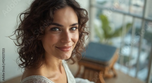 Natural beauty's radiance: Curls framing a genuine smile. Close-up of woman with curly hair smiling warmly at camera, natural setting.