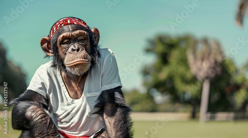 Chimpanzee in Hip Hop Outfit Relaxing in Tranquil Park Setting
