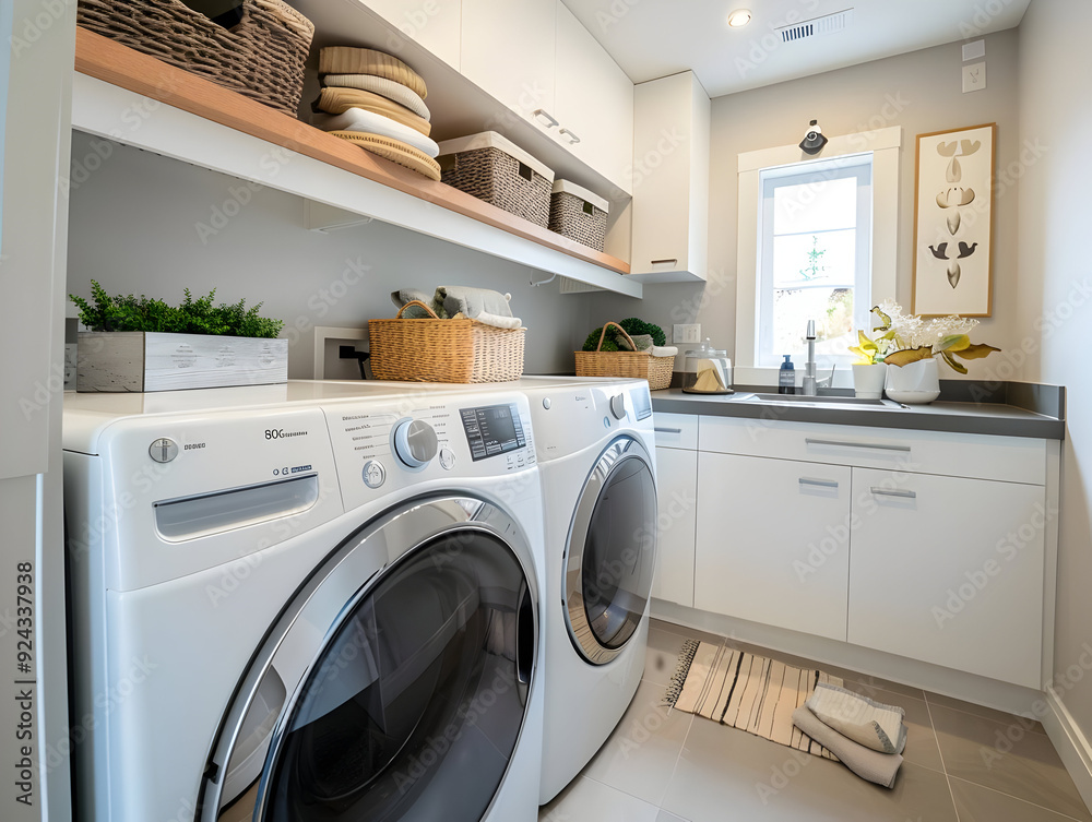 Modern Laundry Room with White Cabinets and Stainless Steel Appliances - Photo Modern Laundry Room with White Cabinets and Stainless Steel Appliances - Photo