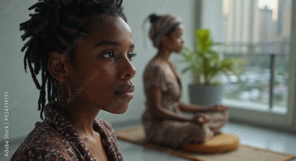 Mindful generations: Women embracing wellness practices. Young woman in foreground, older woman meditating in background. Mindful generations: Women embracing wellness practices. Young woman in foreground, older woman meditating in background.