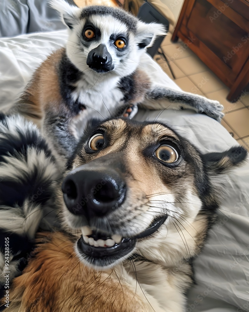 Obraz premium Goofy Selfie Dog and Lemur Pose Together in Photo