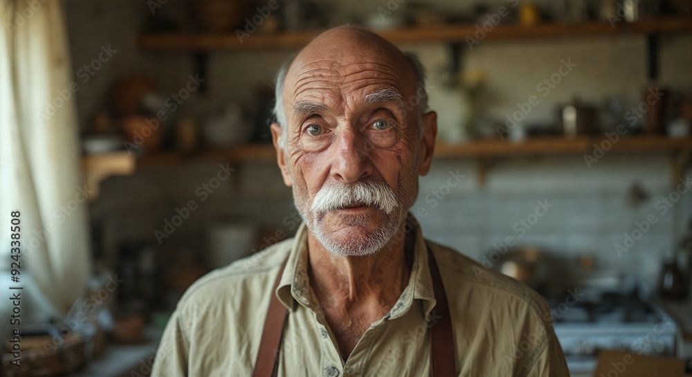 Time-etched character: Elderly man's dignified gaze. Close-up of senior man with mustache looking directly at camera. Time-etched character: Elderly man's dignified gaze. Close-up of senior man with mustache looking directly at camera.