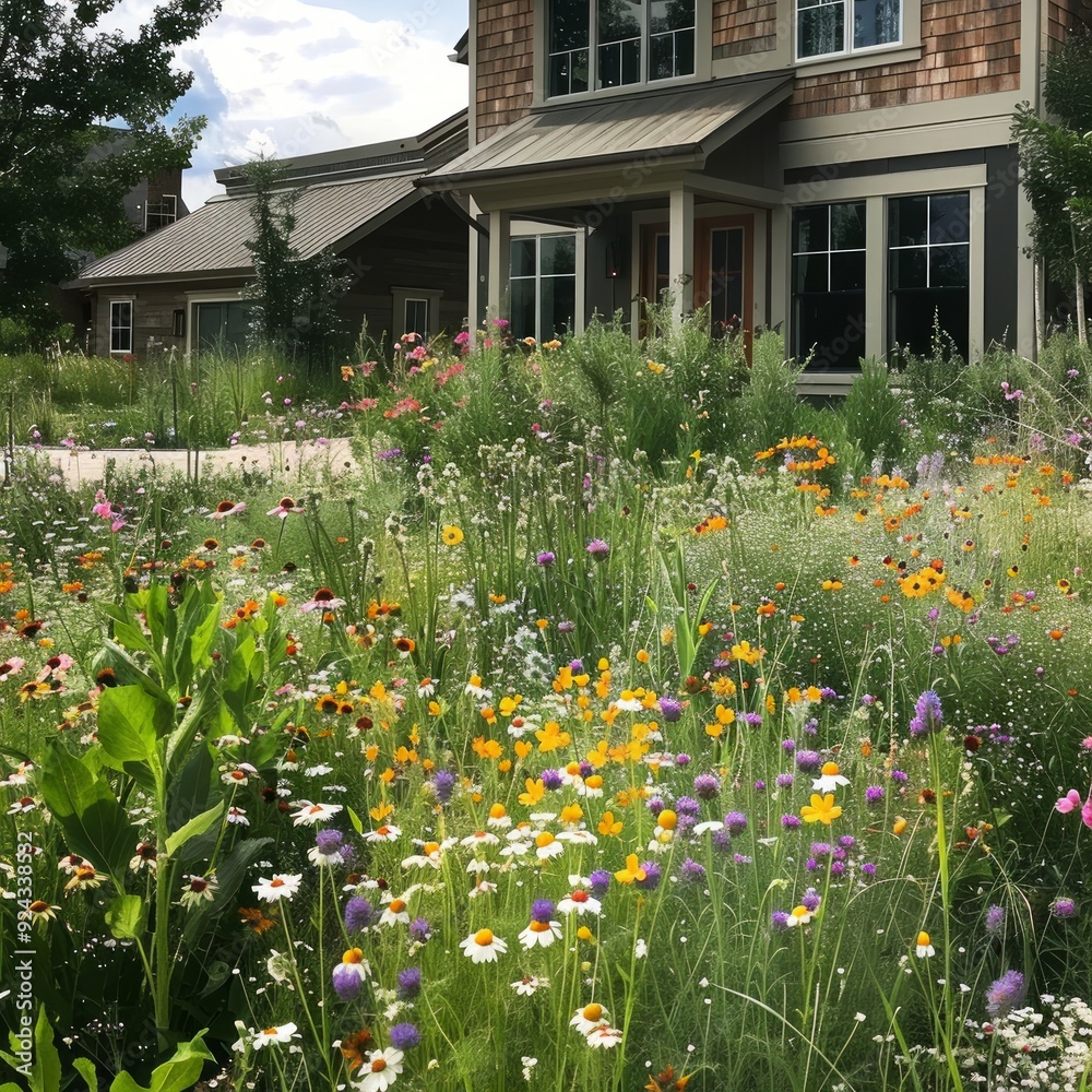 Vibrant wildflower garden in front of a modern home. Vibrant wildflower garden in front of a modern home.